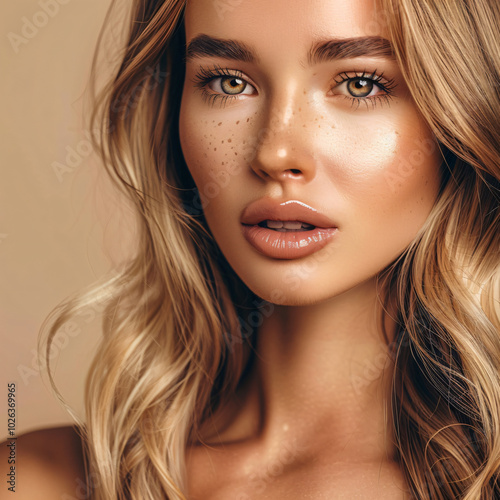 Detailed portrait of a woman with wavy blonde hair, freckles, and glossy lips, highlighting natural beauty and glowing skin against a warm beige background.