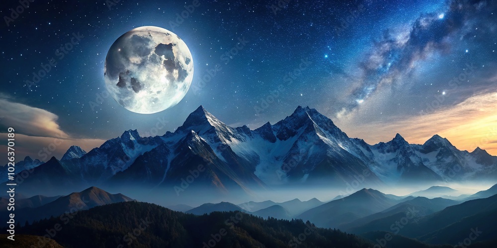 Night sky with full moon and mountains in the background Enchanted night landscape with full moon and silhouette of mountains Night sky with full moon and mountains in the background Enchanted night landscape with full moon and silhouette of mountains