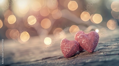 Romantic close up of pink hearts on wood with dreamy bokeh background for valentine s day photo