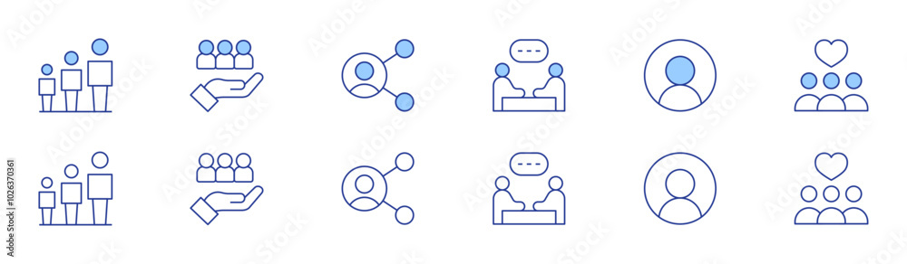 People icon set in two styles, Duotone and Thin Line style. Editable stroke. meeting, age range, target, share, user, heart People icon set in two styles, Duotone and Thin Line style. Editable stroke. meeting, age range, target, share, user, heart