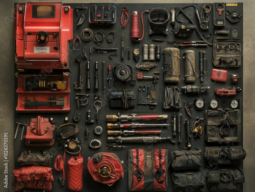 A flat lay of a collection of survival gear and tools, including a red fire extinguisher, ropes, knives, and a compass.