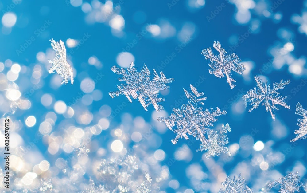 snowflakes flying through the air against a pure blue background. snowflakes flying through the air against a pure blue background.