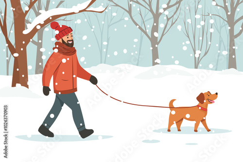 A man with a dog walks in a winter park. The owner and his dog are walking in a winter park. A dog is man's best friend. Beautiful winter snowy park. Christmas mood.