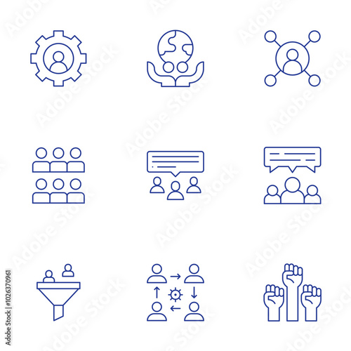 People icons set. Thin Line style, editable stroke. connections, chat, civil rights, gear, human resources, filter, humanitarian, speak up, interpersonal