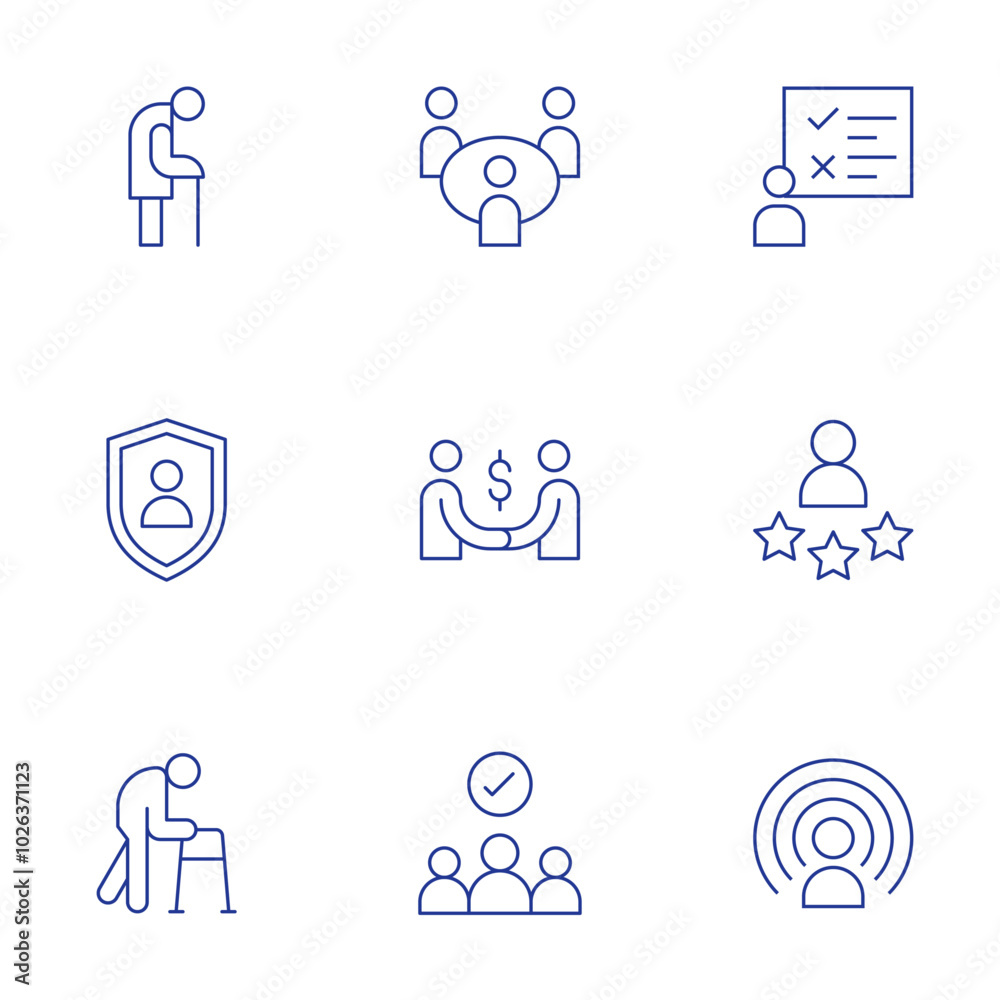 People icons set. Thin Line style, editable stroke. support, survey, rating, influence, deal, old man, personal security, walker, business meeting People icons set. Thin Line style, editable stroke. support, survey, rating, influence, deal, old man, personal security, walker, business meeting