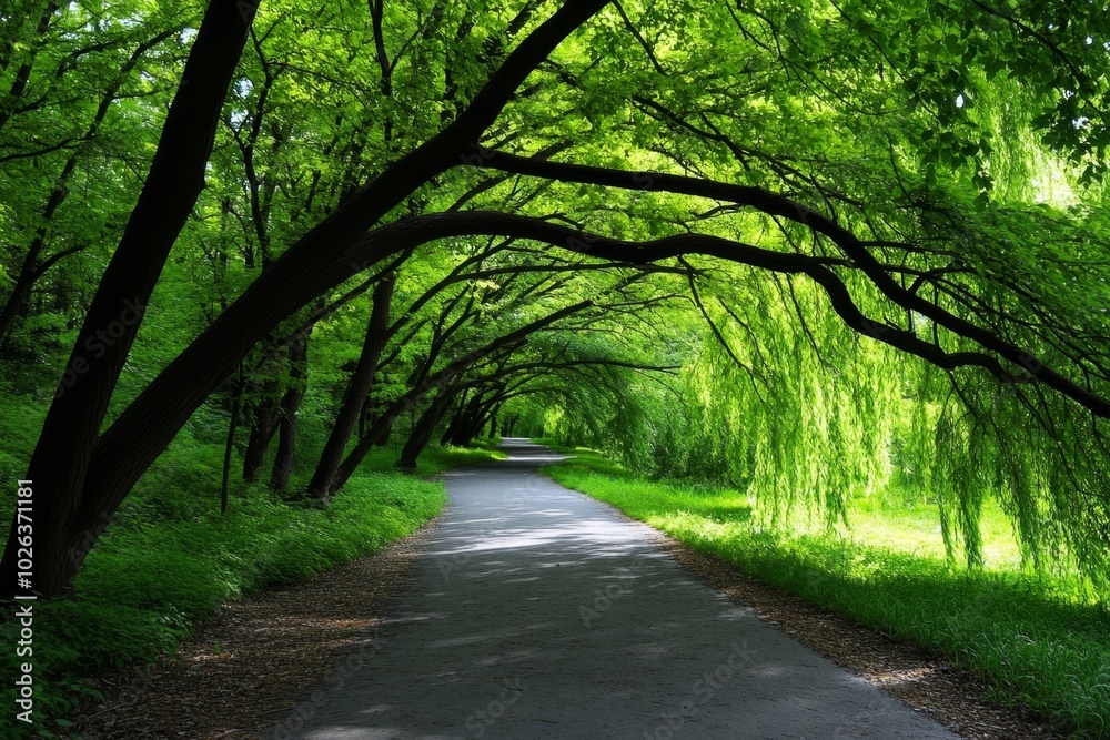 Obraz premium Weeping willow along a quiet forest path, its branches forming a natural archway over the trail, creating a serene and shaded walk
