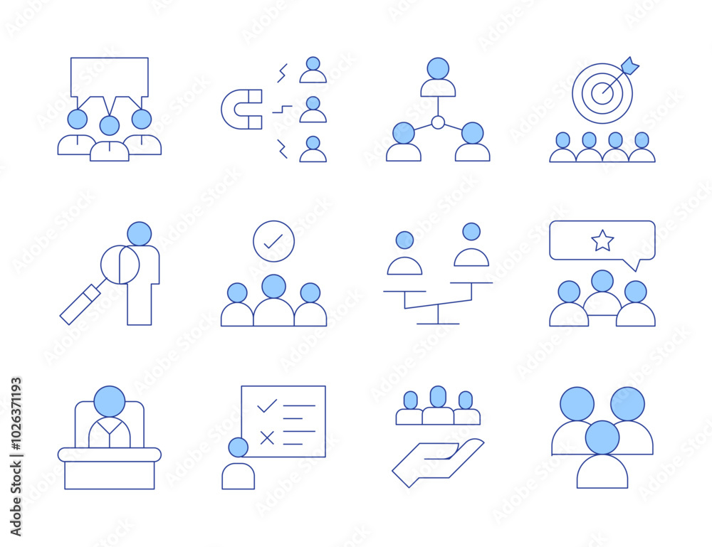 People icons. Line Duotone style, editable stroke. boss, human rights, weight, survey, learning, people, rating, engagement, support, meeting, body, target People icons. Line Duotone style, editable stroke. boss, human rights, weight, survey, learning, people, rating, engagement, support, meeting, body, target