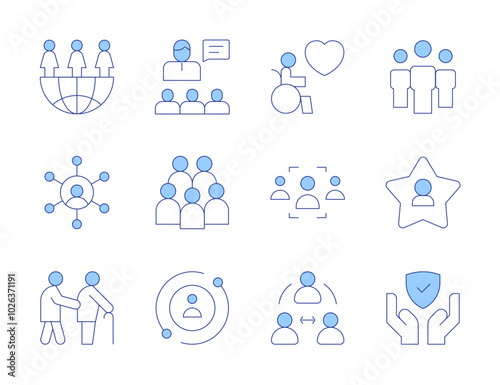 People icons. Line Duotone style, editable stroke. boss, global, old man, teamwork, disabled people, user, protection, group, third party, skills, star