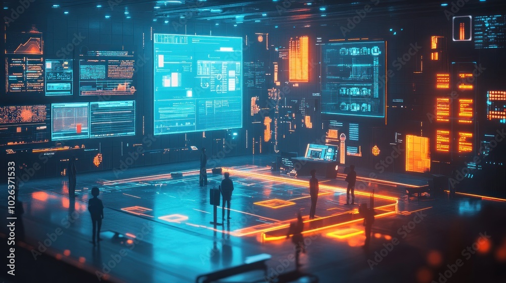 Futuristic control room with large screens displaying data, people standing in the foreground. Futuristic control room with large screens displaying data, people standing in the foreground.