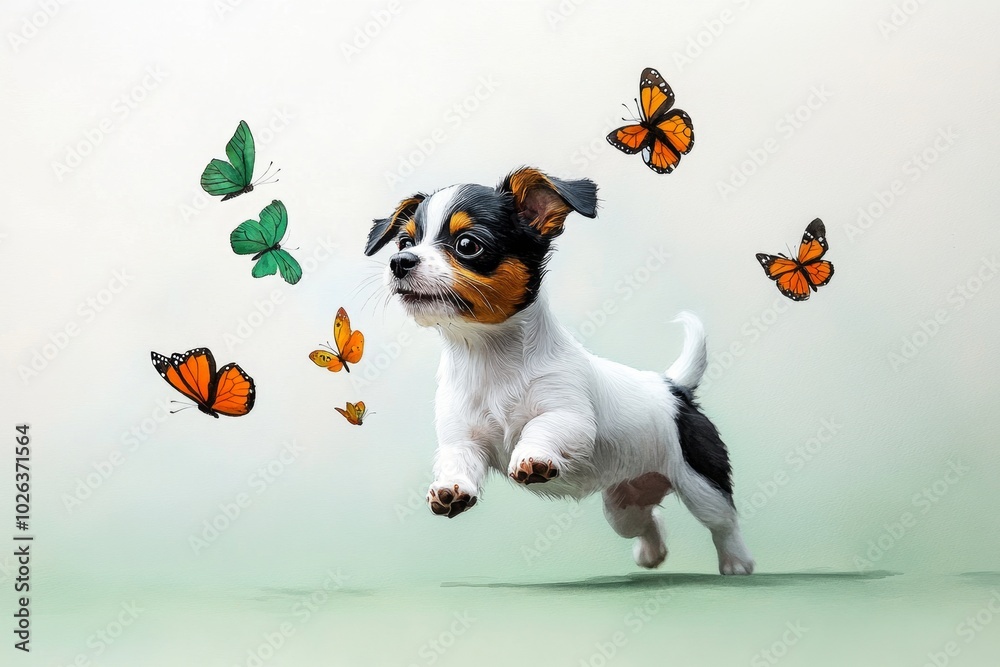 Fototapeta premium Whimsical watercolor of a small dog chasing butterflies, with light, airy brushstrokes creating a playful and dreamlike outdoor scene