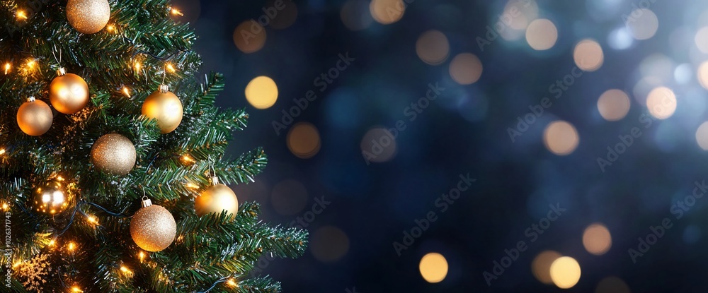 A decorated Christmas tree with golden ornaments and soft lights. A decorated Christmas tree with golden ornaments and soft lights.