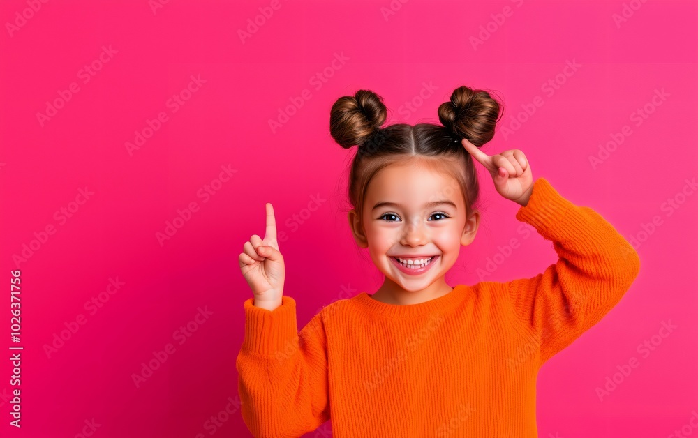 Happy Little Girl with bun hair in orange knit sweater ,smiling and Pointing Up with Pink Background Happy Little Girl with bun hair in orange knit sweater ,smiling and Pointing Up with Pink Background