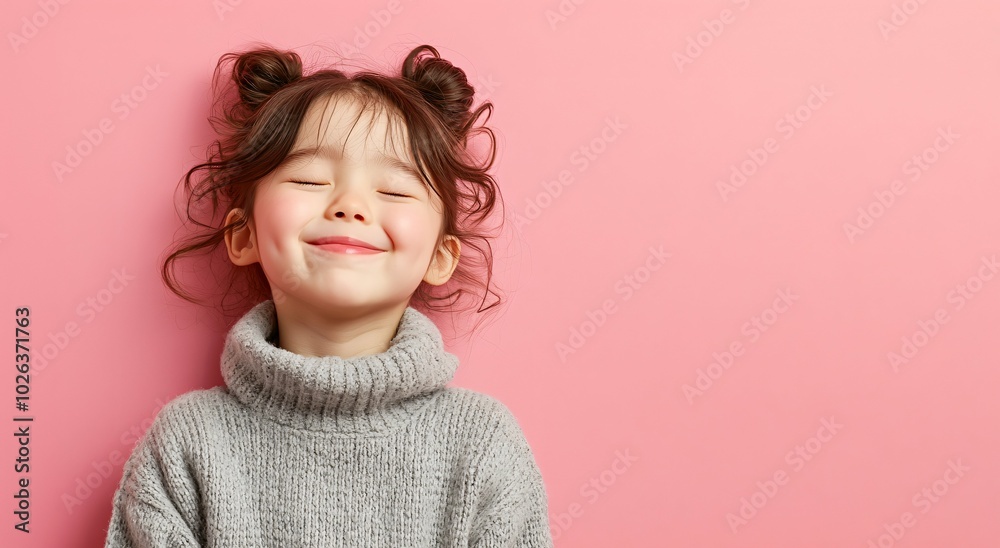 Happy Little cute Girl wear grey Knit sweater Smiling with Eyes Closed on Pink Background Happy Little cute Girl wear grey Knit sweater Smiling with Eyes Closed on Pink Background