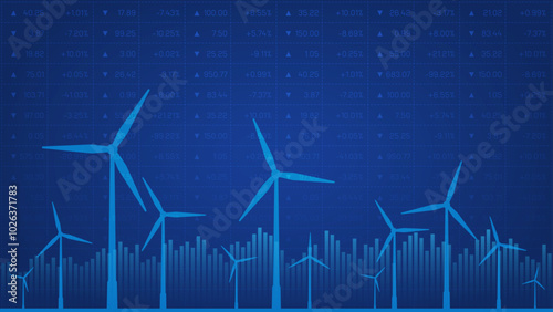 Wind turbines financial background with stock quotes