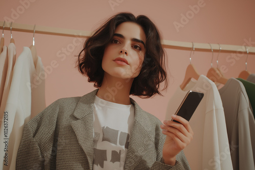 Beautiful smiling female customer shopping in clothing store, using smartphone, surfing online, comparing on internet, choosing stylish clothes, fashion store