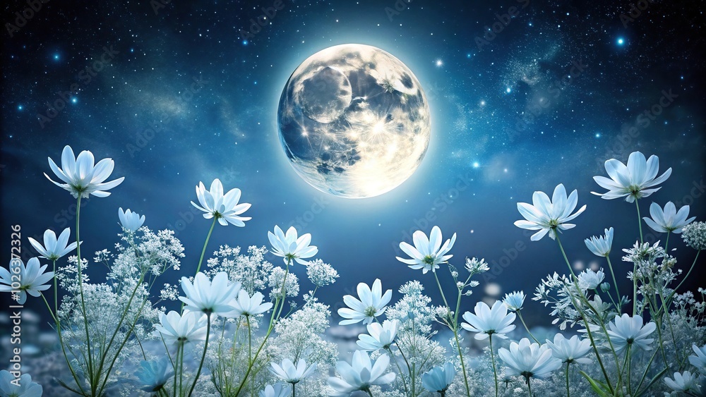 Night view of white flowers under full moon Night view of white flowers under full moon