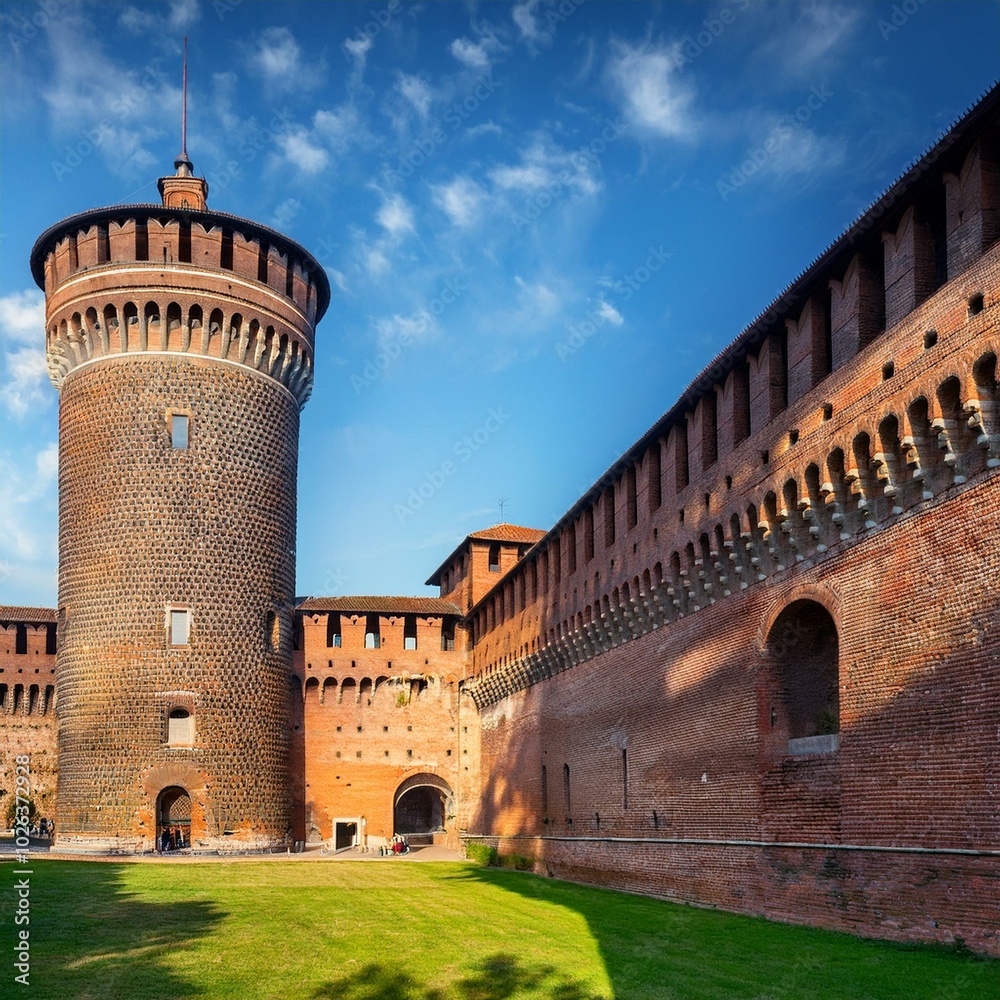 Fototapeta premium Sforza-like dark-red brick castle, AI generated