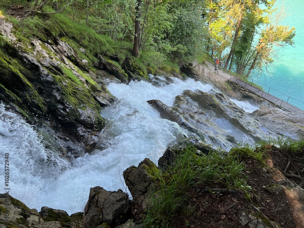 Obraz premium Giessbach Falls in the eponymous nature park and over Lake Brienz - Giessbachfälle (Giessbachfaelle) im gleichnamigen Naturpark und über dem Brienzersee-Canton of Bern, Switzerland (Schweiz)