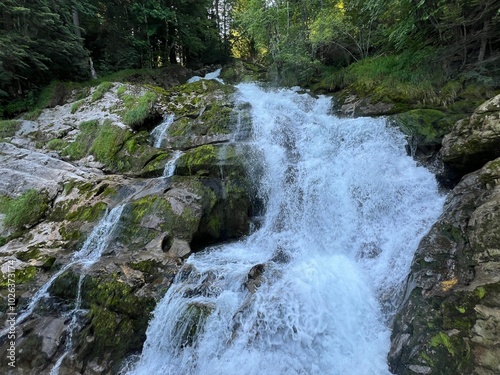 Giessbach Falls in the eponymous nature park and over Lake Brienz - Giessbachfälle (Giessbachfaelle) im gleichnamigen Naturpark und über dem Brienzersee-Canton of Bern, Switzerland (Schweiz) photo