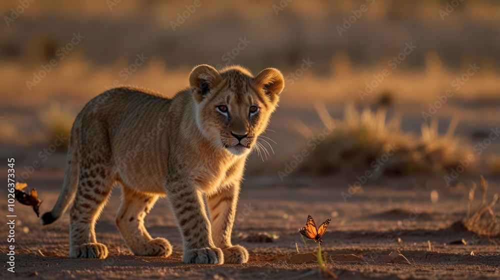Obraz premium A young lion cub walks across the savanna, with a butterfly near its tail, in the golden light of the setting sun.