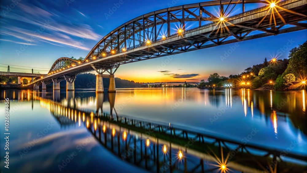 Nighttime and morning view of bridge over river