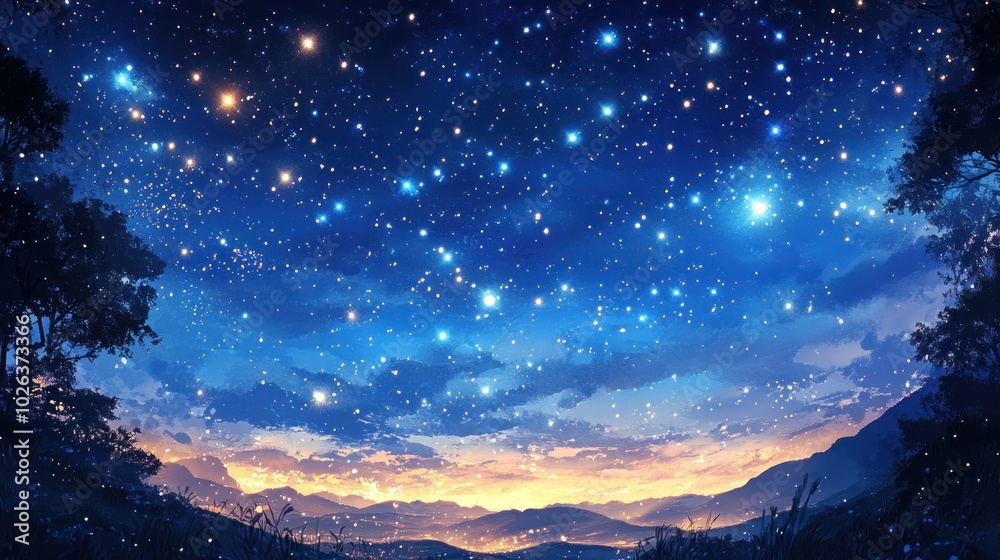 A breathtaking night sky filled with stars above a silhouette of a forest and mountains. A breathtaking night sky filled with stars above a silhouette of a forest and mountains.