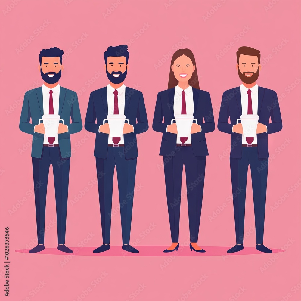 Four professionals holding mugs against a pink background. Four professionals holding mugs against a pink background.