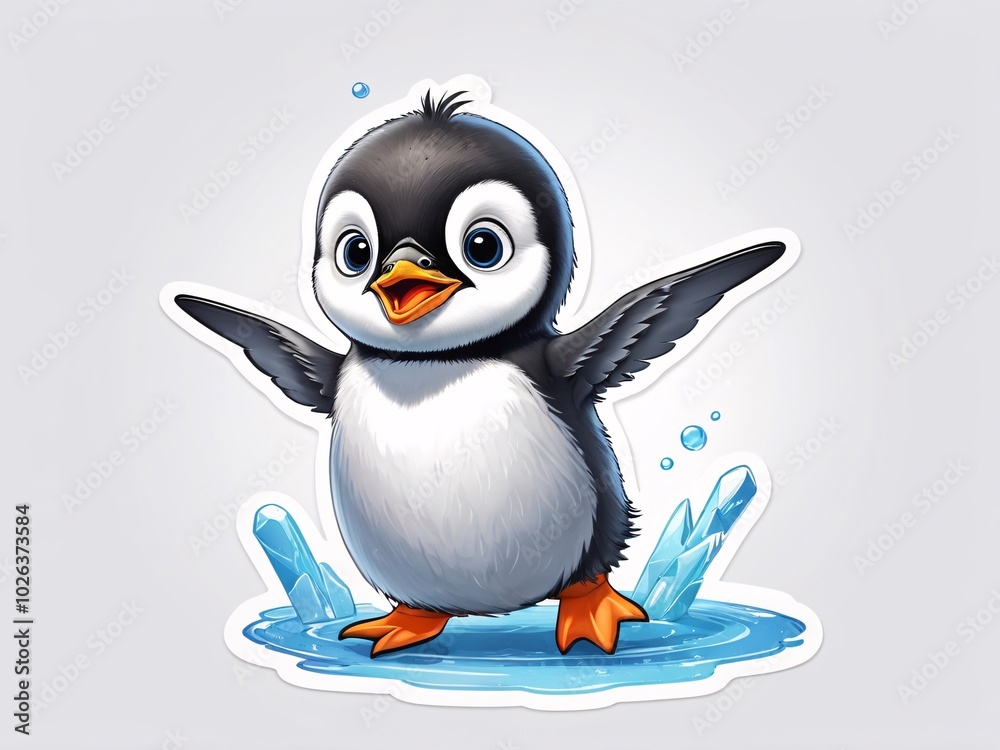 Obraz premium Cute flying baby penguin sticker. penguins playing on the water. generative ai. 