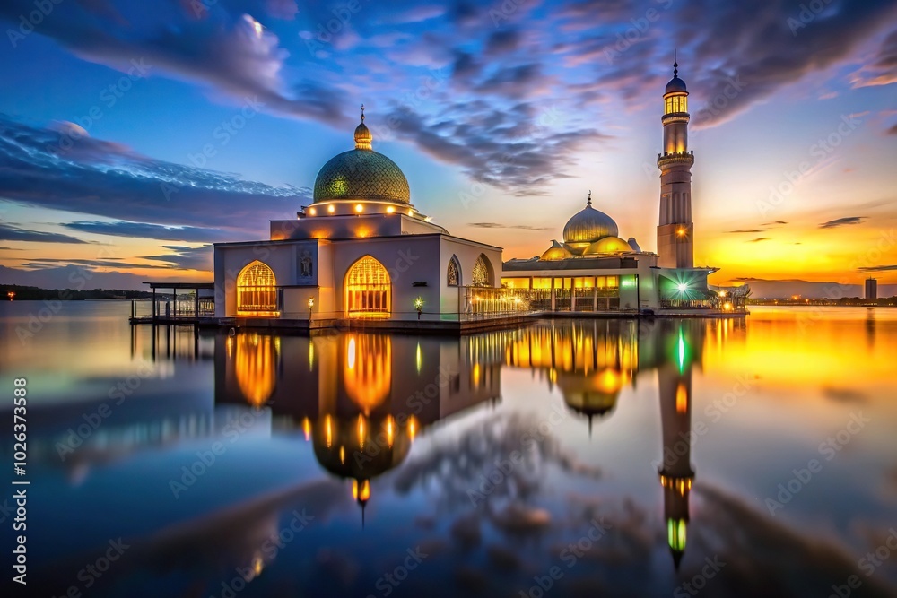 Obraz premium Nighttime image of mosque with blurred background