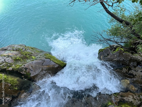 Giessbach Falls in the eponymous nature park and over Lake Brienz - Giessbachfälle (Giessbachfaelle) im gleichnamigen Naturpark und über dem Brienzersee-Canton of Bern, Switzerland (Schweiz) photo