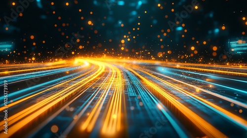 Abstract Digital Highway with Glowing Lines and Bokeh Lights