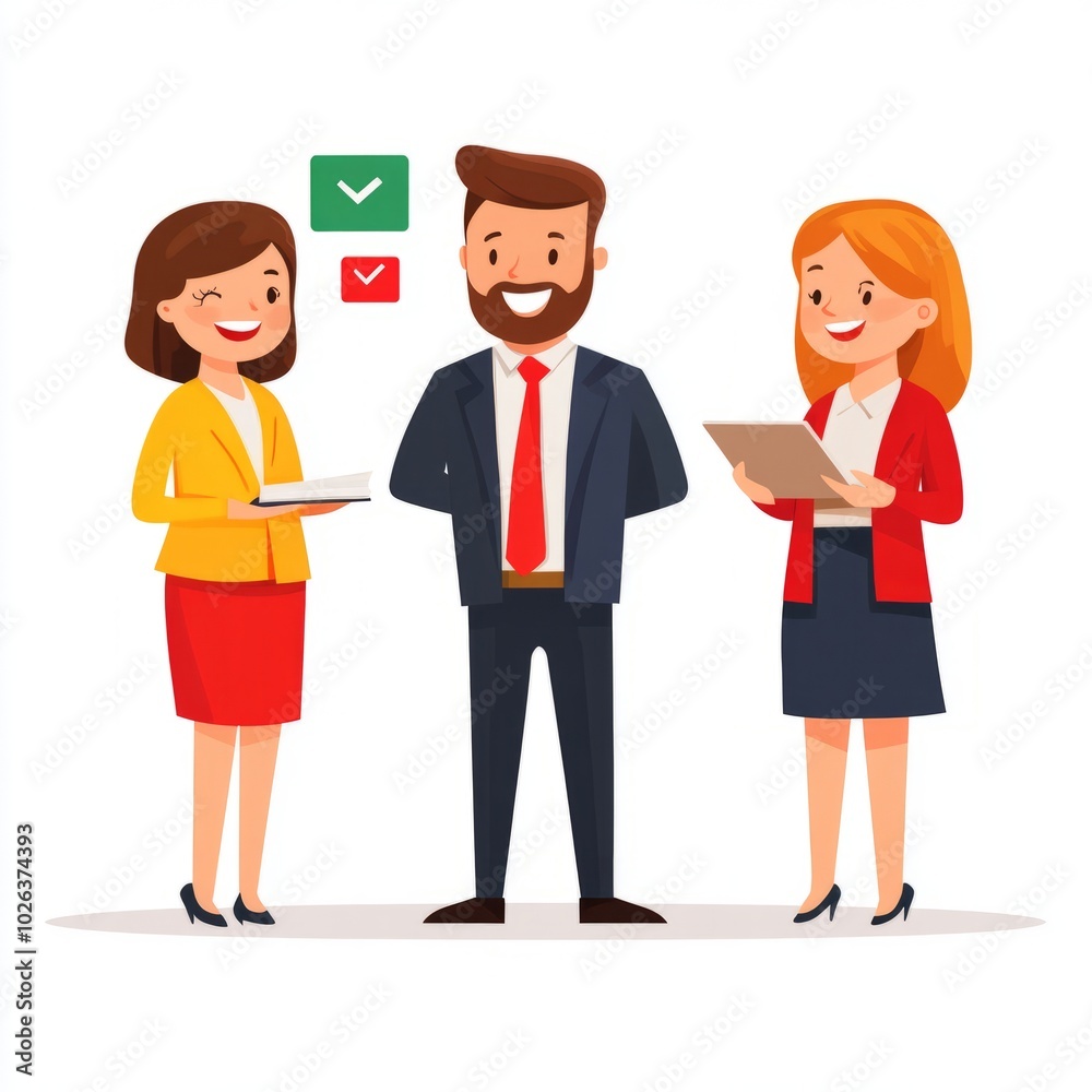 Three professionals in a business setting discussing tasks and progress.