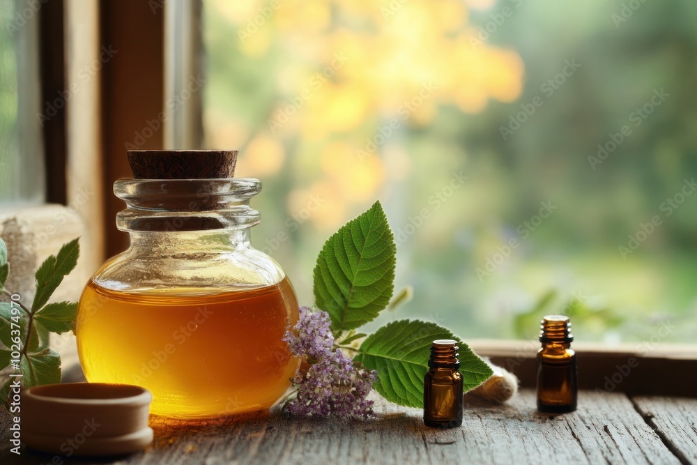 Herbal Oil in Glass Jar with Nature Background Herbal Oil in Glass Jar with Nature Background