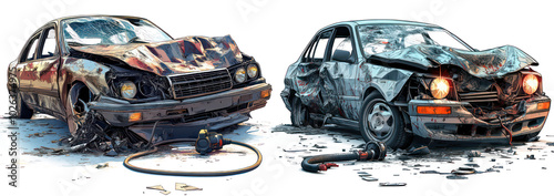 Set of Wrecked Car After Severe Accident – Crashed Vehicle with Major Damage and Impact, Isolated on Transparent Background