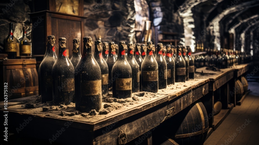 Obraz premium Mysterious Allure: Exploring the Enigmatic Antique Wine Cell with Black Bottles