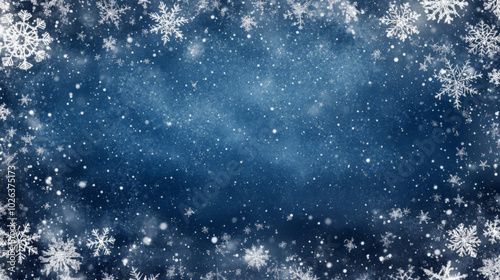 A blue winter background with snowflakes and glitter, for Christmas or New Year designs.