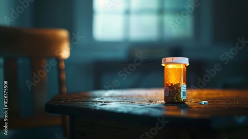 Prescription opioids bottle on wooden table  a visual representation of society s addiction crisis photo