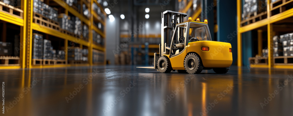 Yellow Forklift in a Spacious Warehouse Interior Yellow Forklift in a Spacious Warehouse Interior