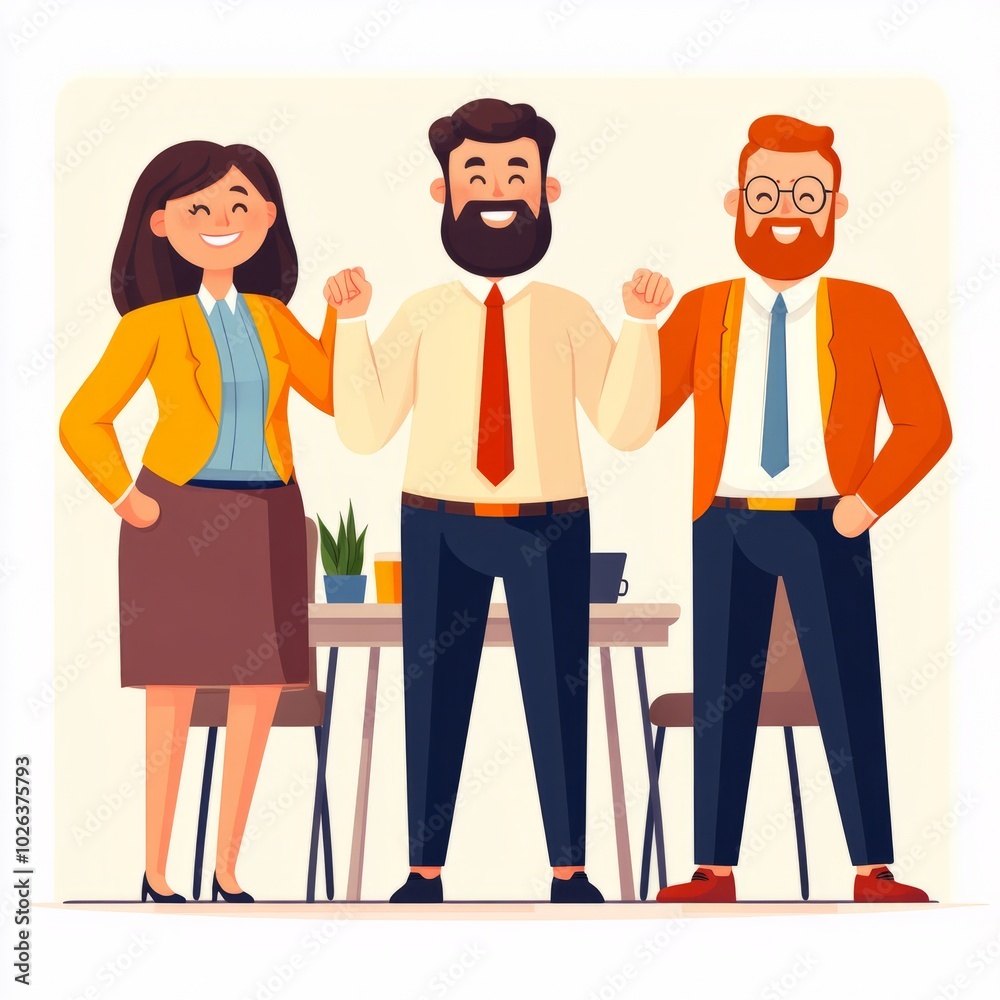 Three cheerful colleagues celebrating teamwork in a modern office setting. Three cheerful colleagues celebrating teamwork in a modern office setting.