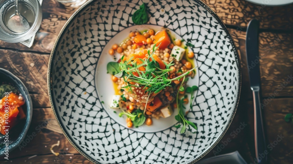 A delicious dinner dish served on a geometric patterned plate