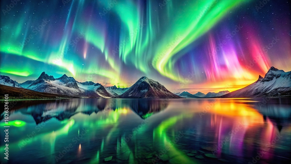 Obraz premium Northern light scene with colorful lights and mountains reflected in water