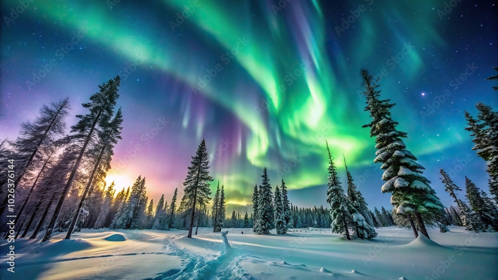 Northern lights dancing in the sky over winter trees Northern lights dancing in the sky over winter trees