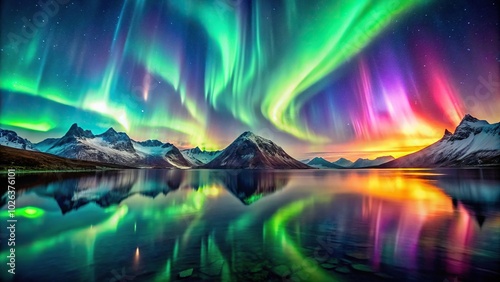 Northern light scene with colorful lights and mountains reflected in water