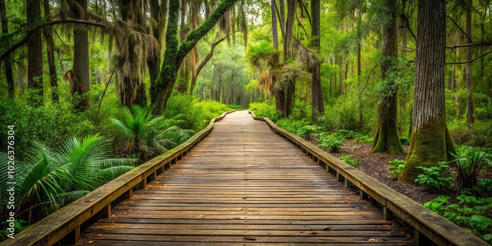 Silhouette dirt path with wooden boardwalk through dense low country forest Silhouette dirt path with wooden boardwalk through dense low country forest