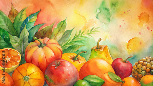 Colorful watercolor fruit arrangement with autumnal mood on abstract background