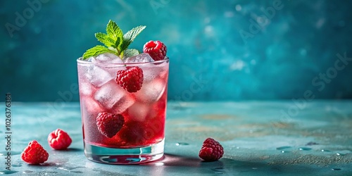 symmetrical raspberry cocktail with ice on blue background
