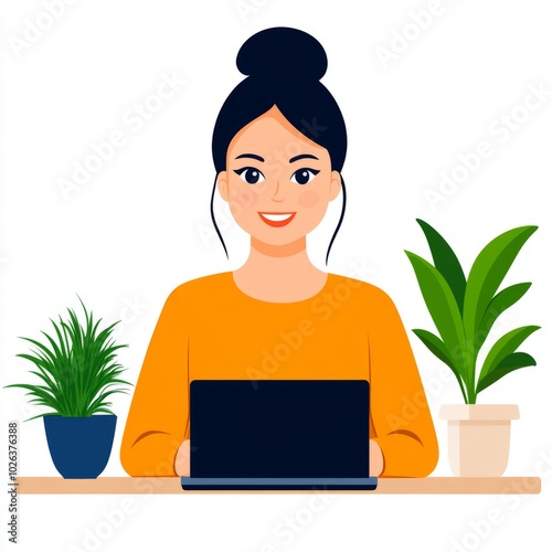 A woman working on a laptop surrounded by indoor plants.