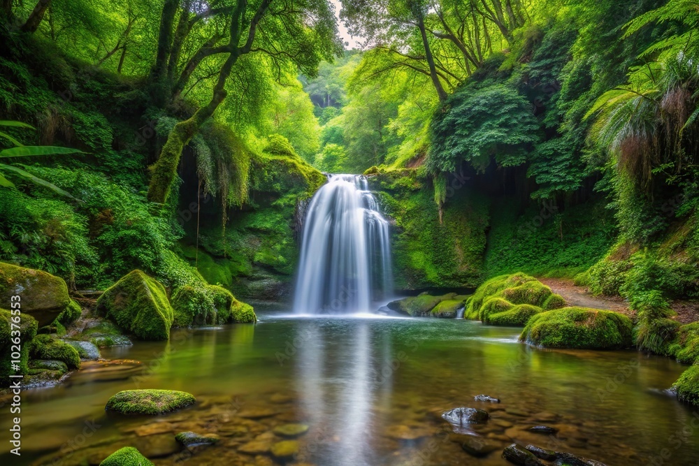 Tiny waterfall in lush forest setting Tiny waterfall in lush forest setting