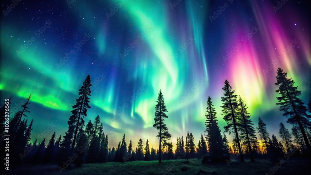 Northern lights in the sky above a forest at night Northern lights in the sky above a forest at night