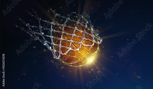 Abstract illustration of golden basketball ball falling into the net and score points in low poly style. Blue geometric background depicting success winner goal shot in basketball game concept
